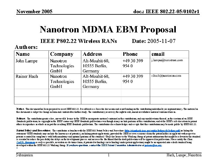 November 2005 doc. : IEEE 802. 22 -05/0102 r 1 Nanotron MDMA EBM Proposal