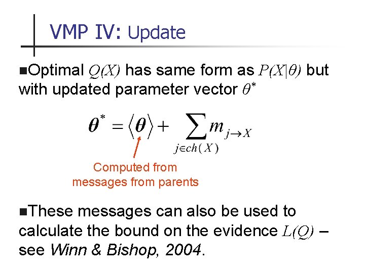 VMP IV: Update n. Optimal Q(X) has same form as P(X|θ) but with updated