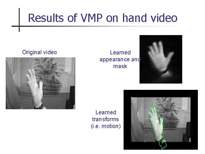 Results of VMP on hand video Original video Learned appearance and mask Learned transforms