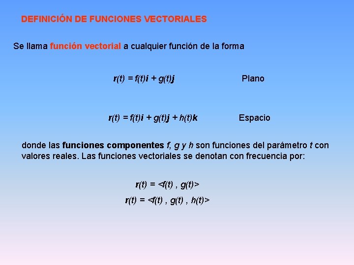 DEFINICIÓN DE FUNCIONES VECTORIALES Se llama función vectorial a cualquier función de la forma