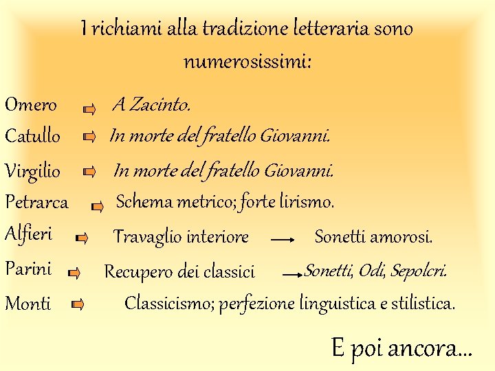 I richiami alla tradizione letteraria sono numerosissimi: Omero Catullo Virgilio Petrarca Alfieri Parini Monti