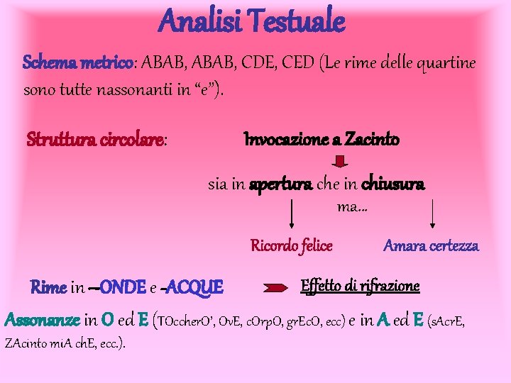 Analisi Testuale Schema metrico: ABAB, CDE, CED (Le rime delle quartine sono tutte nassonanti