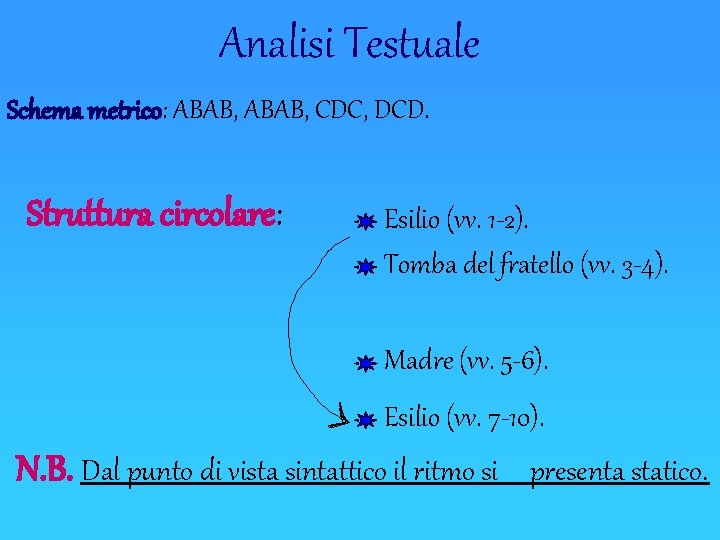 Analisi Testuale Schema metrico: ABAB, CDC, DCD. Struttura circolare: Esilio (vv. 1 -2). Tomba