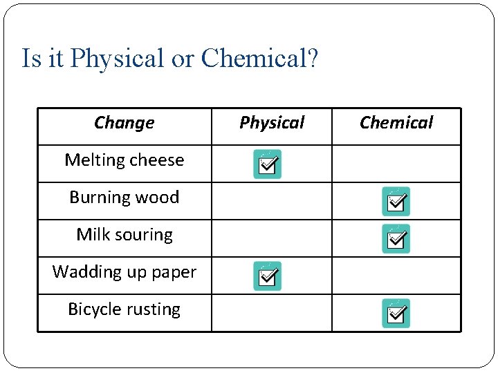Is it Physical or Chemical? Change Melting cheese Burning wood Milk souring Wadding up