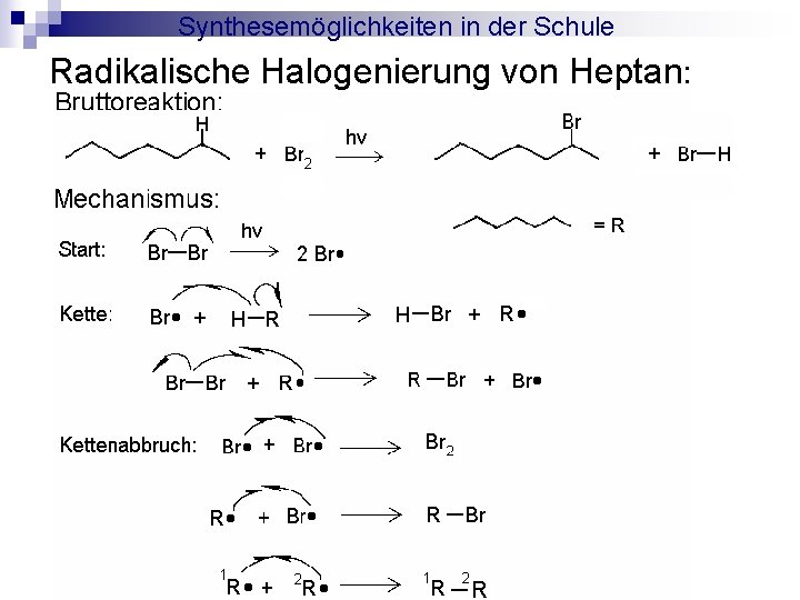 Synthesemöglichkeiten in der Schule Radikalische Halogenierung von Heptan: 