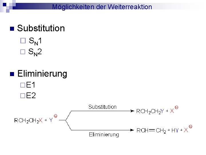 Möglichkeiten der Weiterreaktion n Substitution ¨ S N 1 ¨ n S N 2