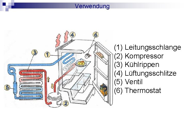 Verwendung (1) Leitungsschlange (2) Kompressor (3) Kühlrippen (4) Lüftungsschlitze (5) Ventil (6) Thermostat 