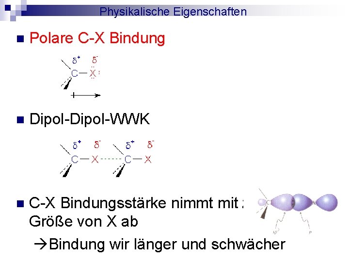 Physikalische Eigenschaften n Polare C-X Bindung n Dipol-WWK n C-X Bindungsstärke nimmt mit zunehmender