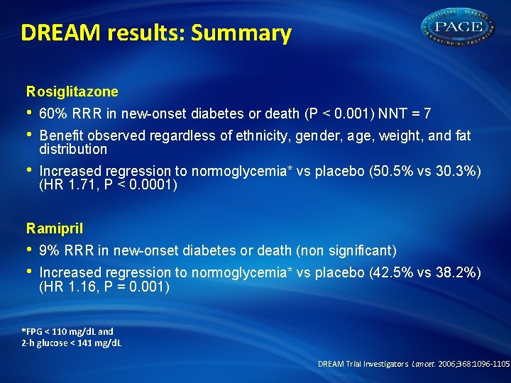 DREAM results: Summary Rosiglitazone • • 60% RRR in new-onset diabetes or death (P