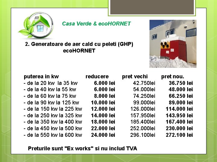 Casa Verde & eco. HORNET 2. Generatoare de aer cald cu peleti (GHP) eco.