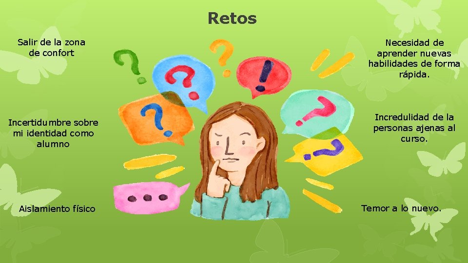 Retos Salir de la zona de confort Incertidumbre sobre mi identidad como alumno Aislamiento