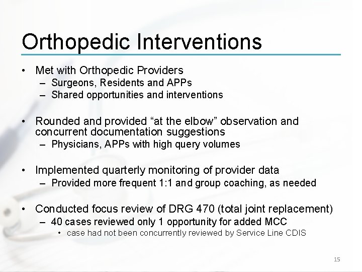 Orthopedic Interventions • Met with Orthopedic Providers – Surgeons, Residents and APPs – Shared