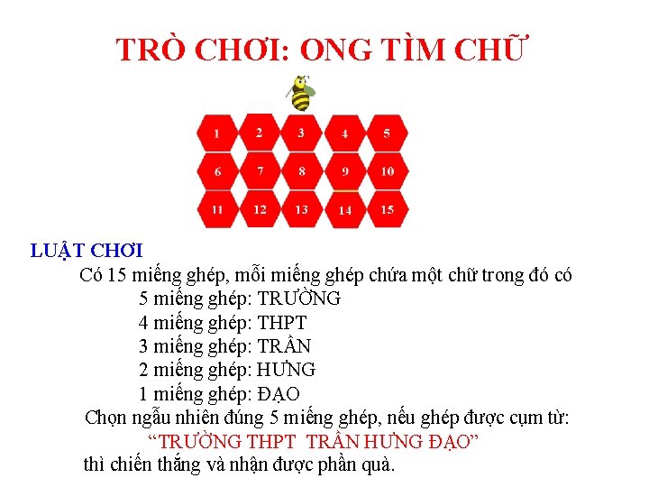 TRÒ CHƠI: ONG TÌM CHỮ LUẬT CHƠI Có 15 miếng ghép, mỗi miếng ghép