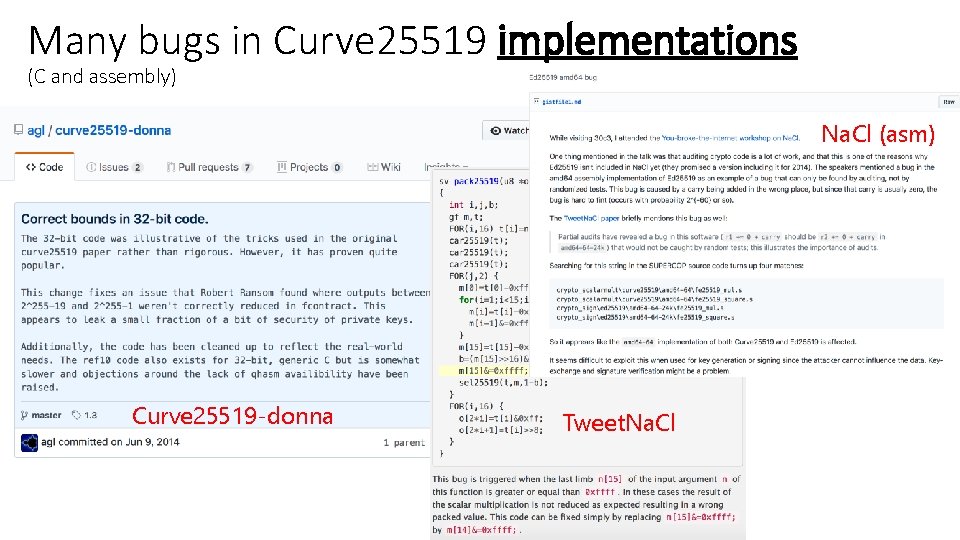 Many bugs in Curve 25519 implementations (C and assembly) Na. Cl (asm) Curve 25519