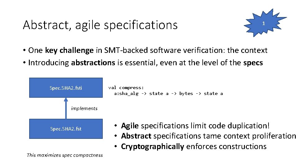 Abstract, agile specifications 1 • One key challenge in SMT-backed software verification: the context