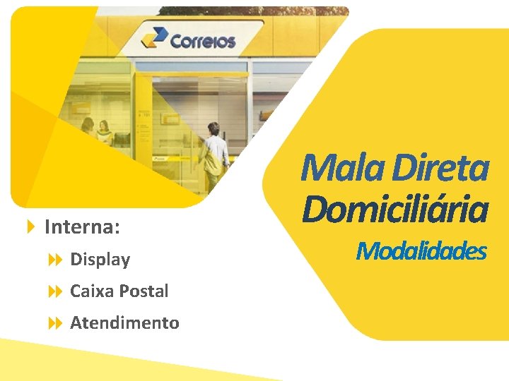  Interna: 8 Display 8 Caixa Postal 8 Atendimento Mala Direta Domiciliária Modalidades 