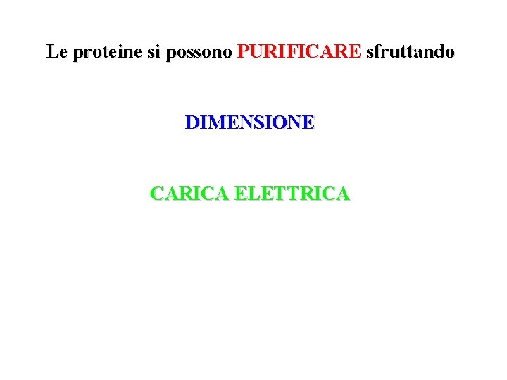 Le proteine si possono PURIFICARE sfruttando DIMENSIONE CARICA ELETTRICA 