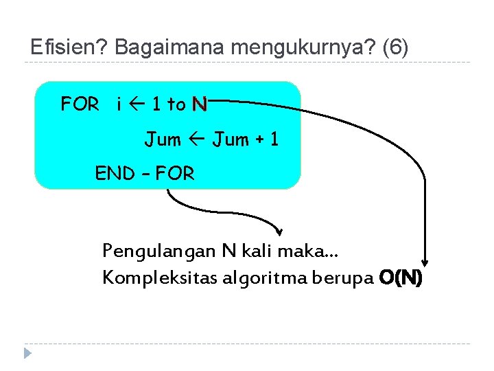 Efisien? Bagaimana mengukurnya? (6) FOR i 1 to N Jum + 1 END –