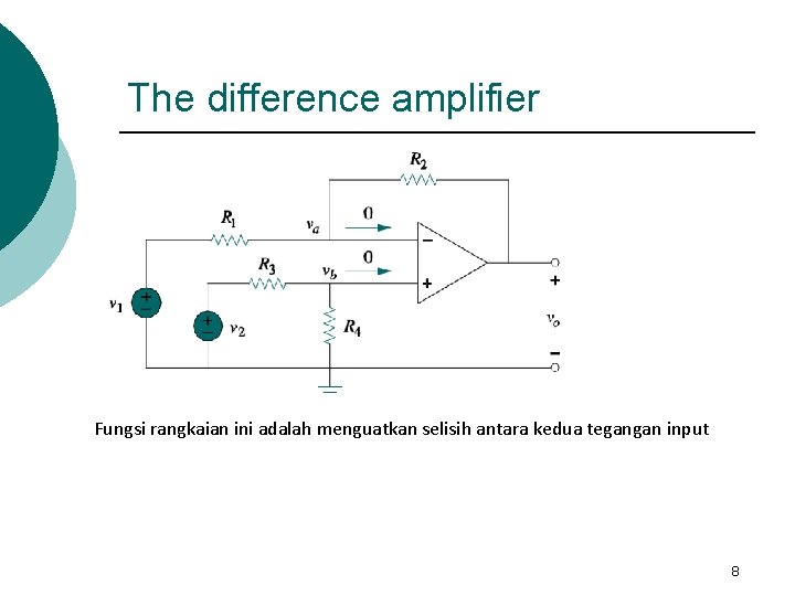 The difference amplifier Fungsi rangkaian ini adalah menguatkan selisih antara kedua tegangan input 8