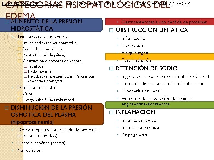 CATEGORÍAS FISIOPATOLÓGICAS DEL EDEMA � AUMENTO DE LA PRESIÓN ◦ Gastroenteropatía con pérdida de