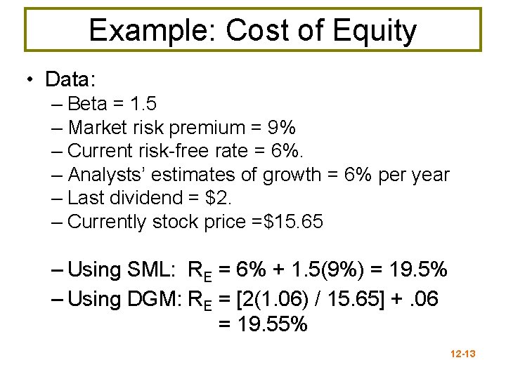 Example: Cost of Equity • Data: – Beta = 1. 5 – Market risk