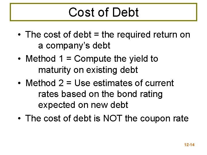 Cost of Debt • The cost of debt = the required return on a