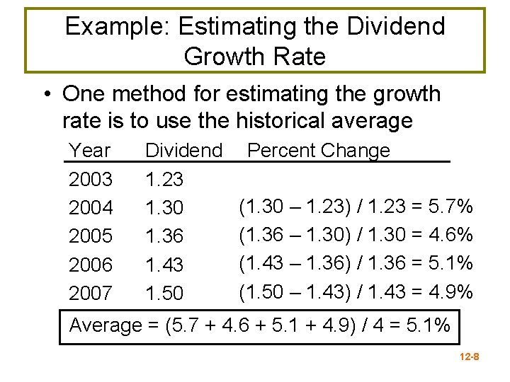 Example: Estimating the Dividend Growth Rate • One method for estimating the growth rate