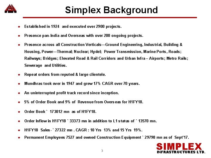 Simplex Background ● Established in 1924 and executed over 2900 projects. ● Presence pan-India