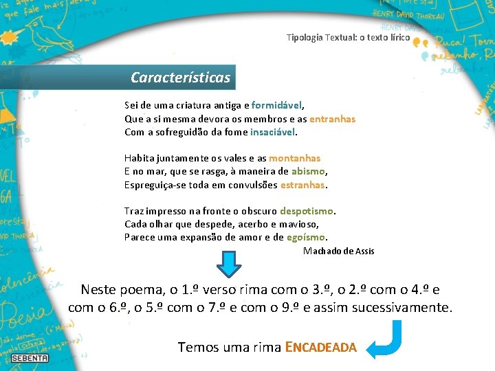 Tipologia Textual: o texto lírico Características Sei de uma criatura antiga e formidável, Que