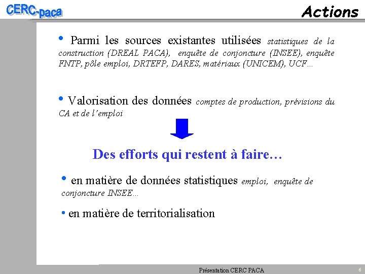 Actions • Parmi les sources existantes utilisées statistiques de la construction (DREAL PACA), enquête