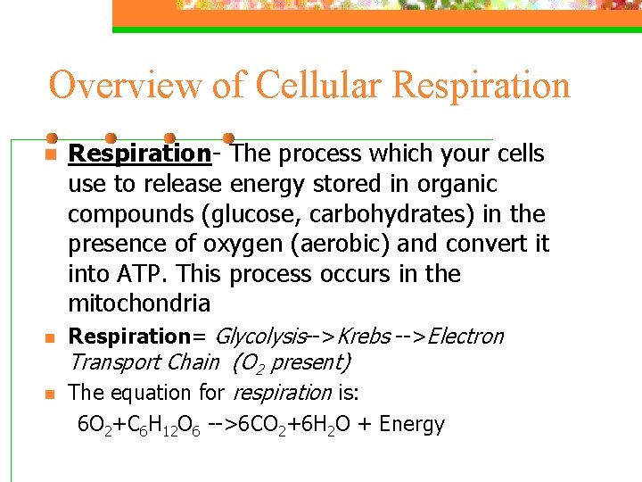 Overview of Cellular Respiration n Respiration- The process which your cells use to release