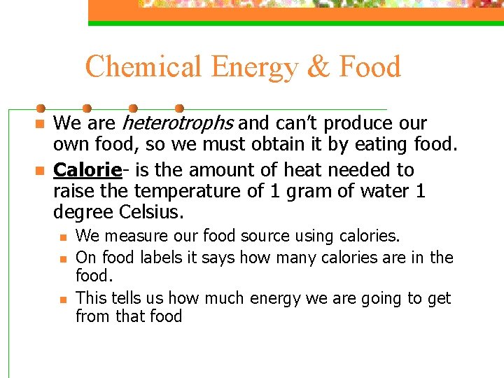 Chemical Energy & Food n n We are heterotrophs and can’t produce our own