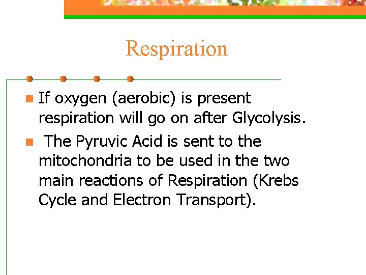 Respiration If oxygen (aerobic) is present respiration will go on after Glycolysis. n The
