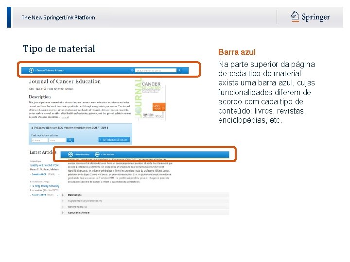 The New Springer. Link Platform Tipo de material Barra azul Na parte superior da