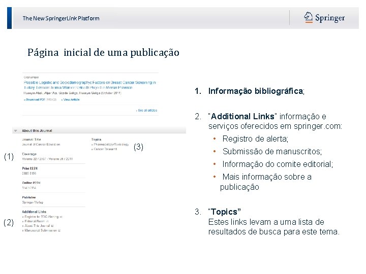 The New Springer. Link Platform Página inicial de uma publicação 1. Informação bibliográfica; 2.