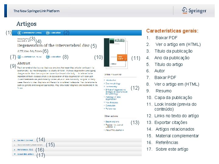 The New Springer. Link Platform Artigos (1) Características gerais: (2) (3) (4) (5) (6)