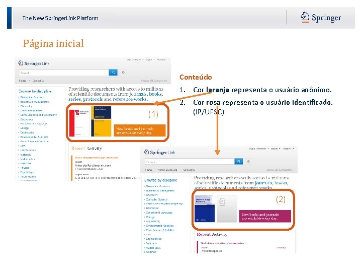 The New Springer. Link Platform Página inicial Conteúdo 1. Cor laranja representa o usuário