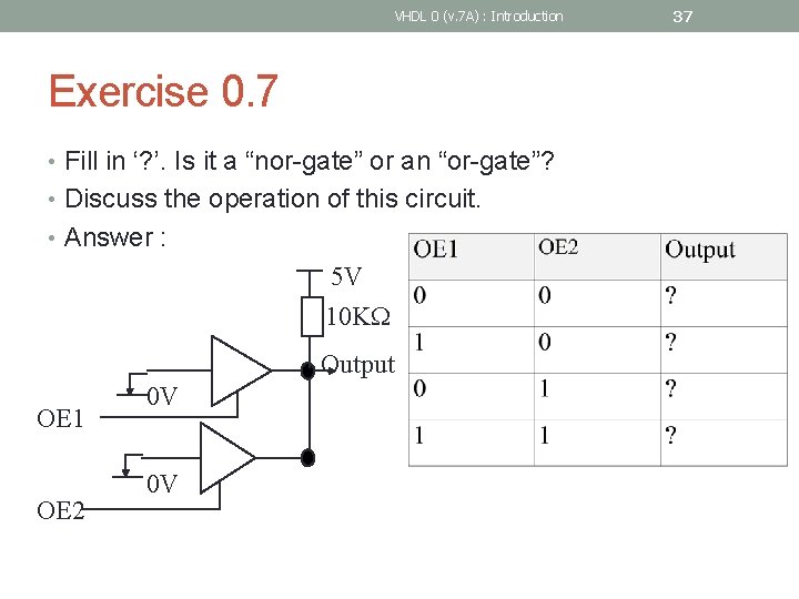 VHDL 0 (v. 7 A) : Introduction Exercise 0. 7 • Fill in ‘?