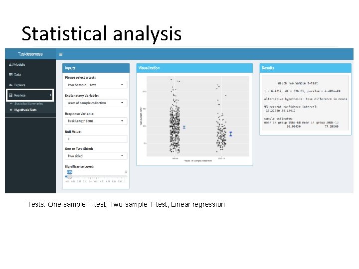Statistical analysis Tests: One-sample T-test, Two-sample T-test, Linear regression 