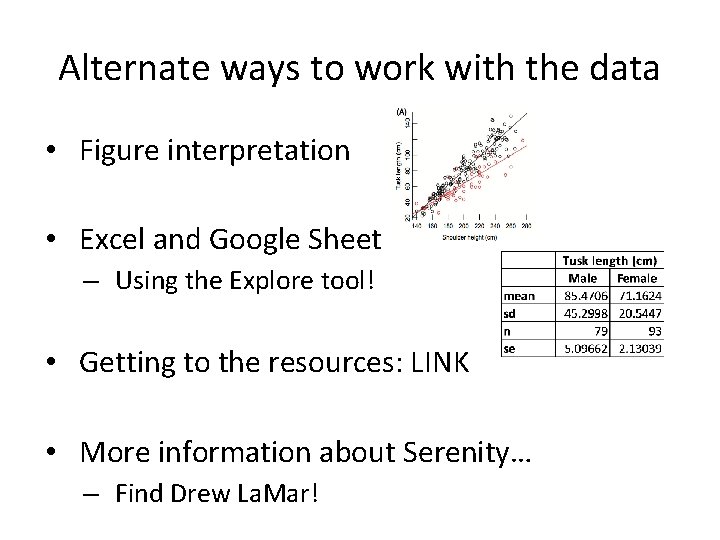 Alternate ways to work with the data • Figure interpretation • Excel and Google