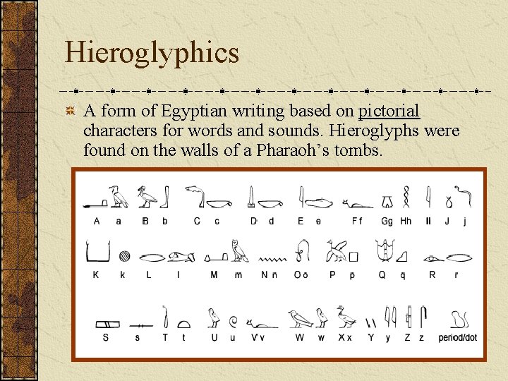 Hieroglyphics A form of Egyptian writing based on pictorial characters for words and sounds. Hieroglyphics A form of Egyptian writing based on pictorial characters for words and sounds.
