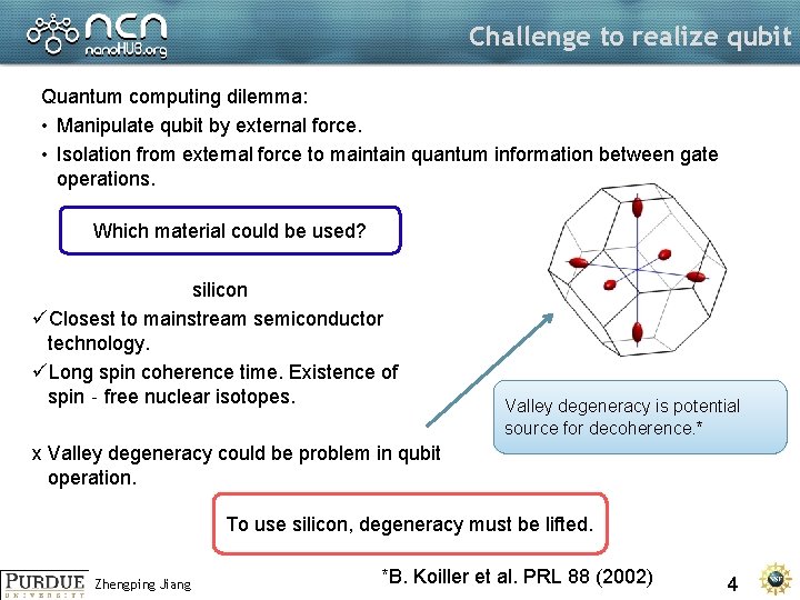 Challenge to realize qubit Quantum computing dilemma: • Manipulate qubit by external force. •