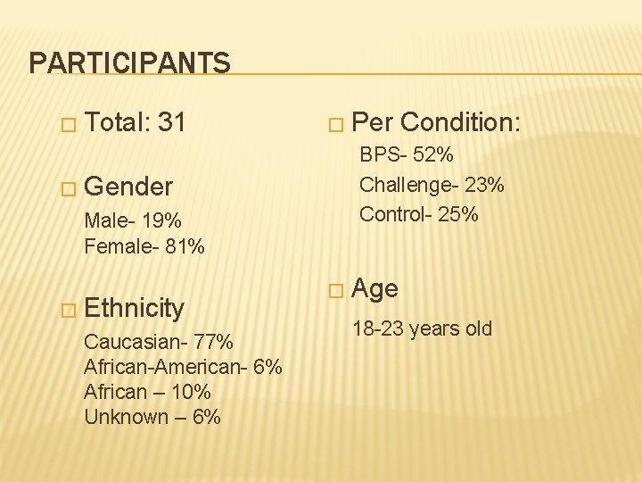 PARTICIPANTS � Total: 31 � Gender Male- 19% Female- 81% � Ethnicity Caucasian- 77%