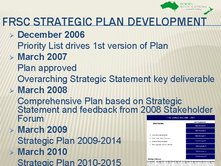 FRSC STRATEGIC PLAN DEVELOPMENT Ø Ø Ø December 2006 Priority List drives 1 st