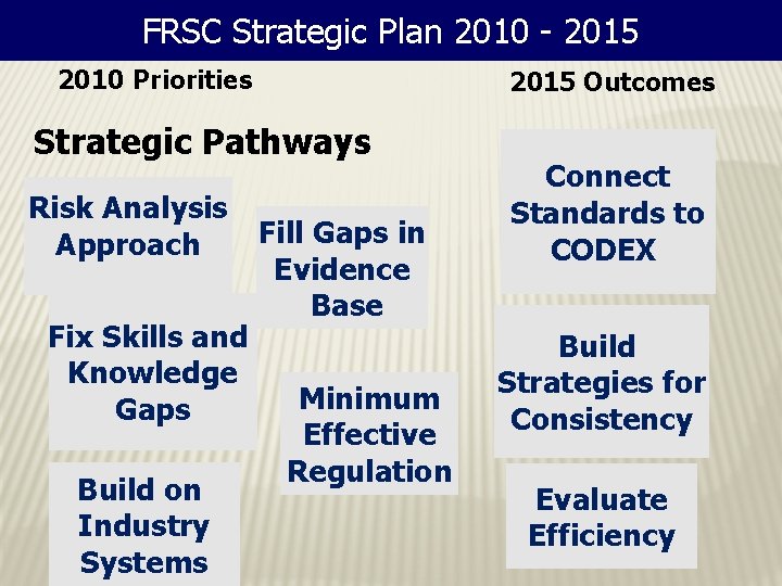 FRSC Strategic Plan 2010 - 2015 2010 Priorities 2015 Outcomes Strategic Pathways Risk Analysis