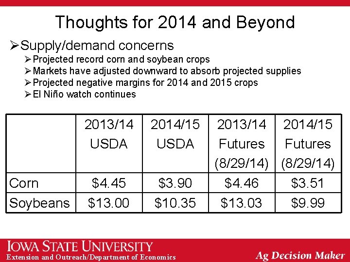 Thoughts for 2014 and Beyond ØSupply/demand concerns ØProjected record corn and soybean crops ØMarkets