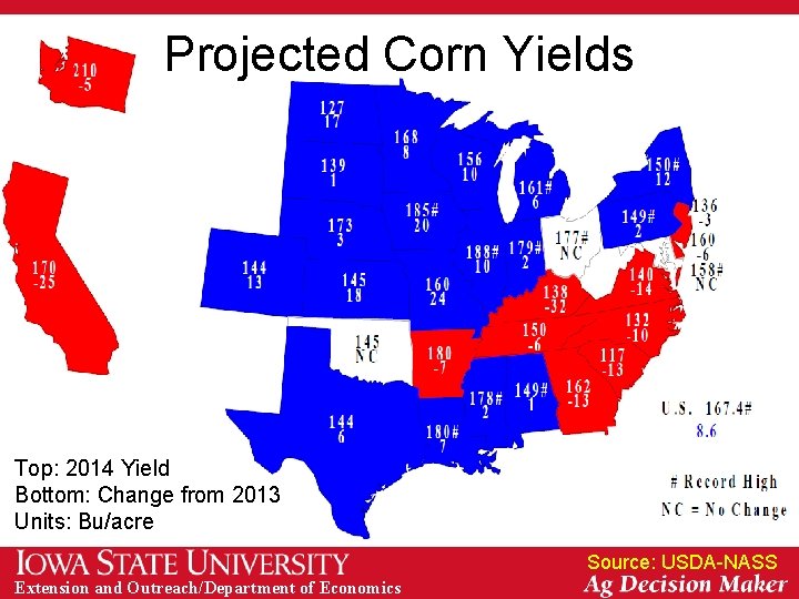 Projected Corn Yields Top: 2014 Yield Bottom: Change from 2013 Units: Bu/acre Source: USDA-NASS