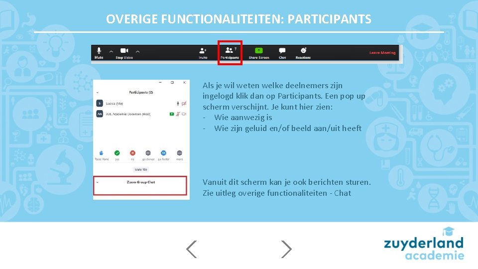 OVERIGE FUNCTIONALITEITEN: PARTICIPANTS Als je wil weten welke deelnemers zijn ingelogd klik dan op