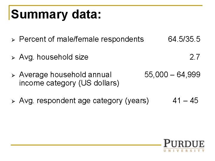 Summary data: Ø Percent of male/female respondents 64. 5/35. 5 Ø Avg. household size Summary data: Ø Percent of male/female respondents 64. 5/35. 5 Ø Avg. household size