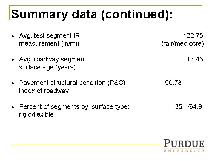 Summary data (continued): Ø Avg. test segment IRI measurement (in/mi) Ø Avg. roadway segment Summary data (continued): Ø Avg. test segment IRI measurement (in/mi) Ø Avg. roadway segment